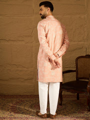 Men Peach Viscose Rayon Solid Embroidered Straight Kurta with Trouser-MKSET1705
