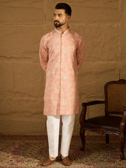 Men Peach Viscose Rayon Solid Embroidered Straight Kurta with Trouser-MKSET1705