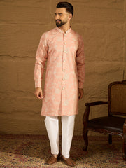 Men Peach Viscose Rayon Solid Embroidered Straight Kurta with Trouser-MKSET1705