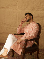 Men Peach Viscose Rayon Solid Embroidered Straight Kurta with Trouser-MKSET1705