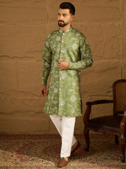 Ethnic Bay Men Green Viscose Rayon Solid Embroidered Straight Kurta with Trouser-MKSET1706