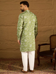 Ethnic Bay Men Green Viscose Rayon Solid Embroidered Straight Kurta with Trouser-MKSET1706