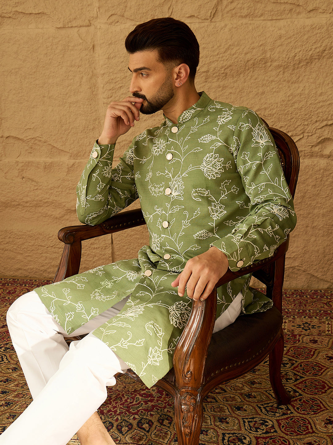 Ethnic Bay Men Green Viscose Rayon Solid Embroidered Straight Kurta with Trouser-MKSET1706