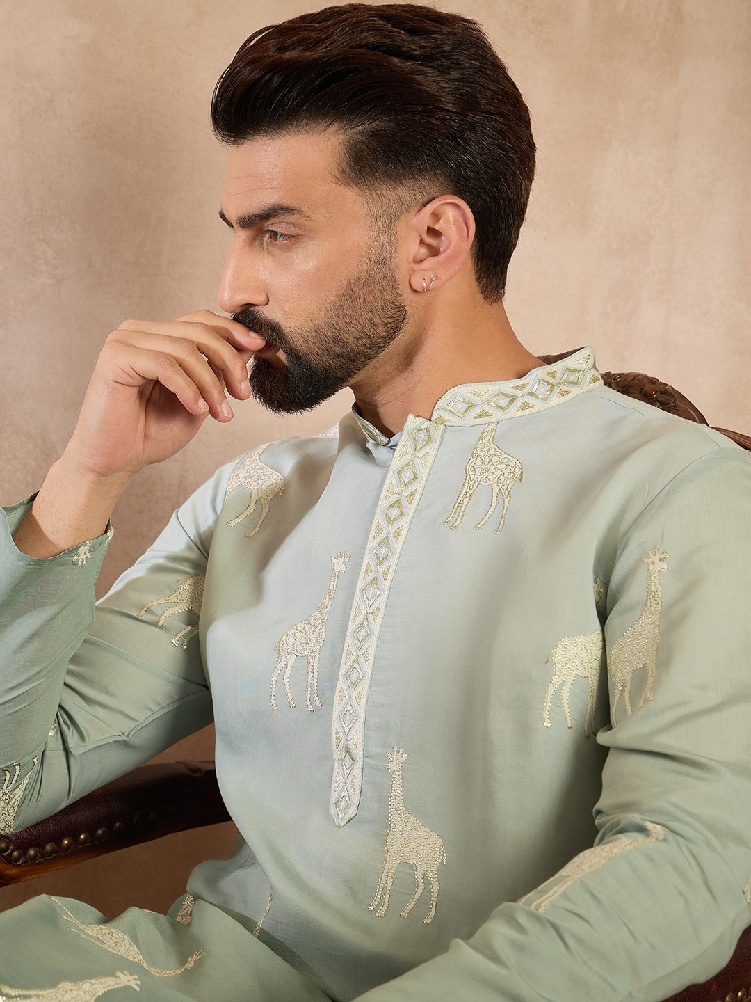 Ethnic Bay Men Blue Silk Blend Ombre Embroidered Straight Kurta Sets
