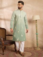 Ethnic Bay Men Blue Silk Blend Ombre Embroidered Straight Kurta Sets-MKSET1707