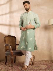 Ethnic Bay Men Blue Silk Blend Ombre Embroidered Straight Kurta Sets-MKSET1707