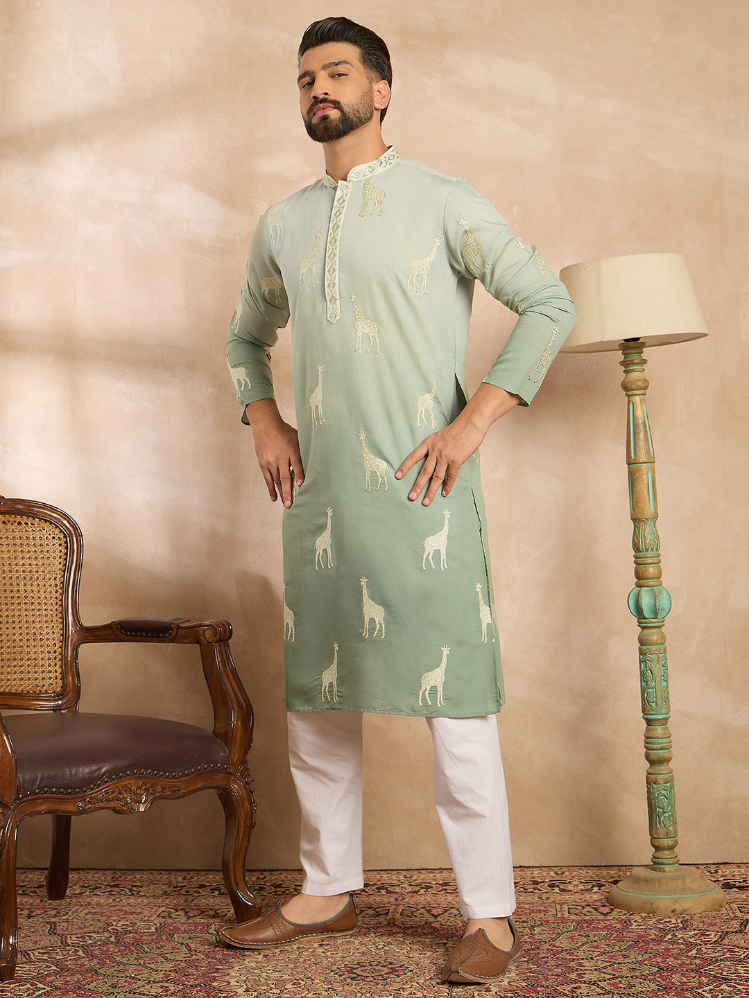 Ethnic Bay Men Blue Silk Blend Ombre Embroidered Straight Kurta Sets