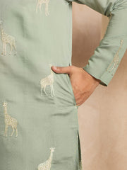 Ethnic Bay Men Blue Silk Blend Ombre Embroidered Straight Kurta Sets-MKSET1707