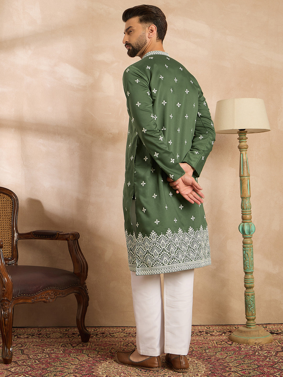 Ethnic Bay Men Green Silk Blend Solid Embroidered Straight Kurta Sets