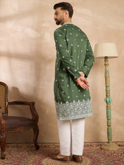 Ethnic Bay Men Green Silk Blend Solid Embroidered Straight Kurta Sets-MKSET1711