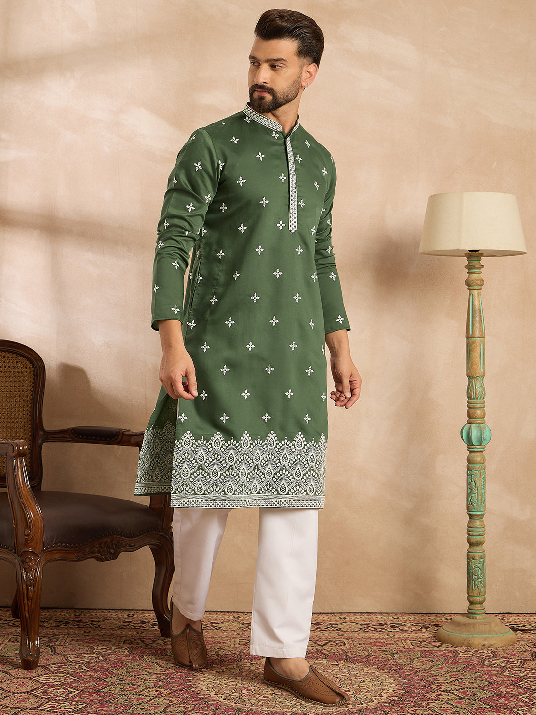 Ethnic Bay Men Green Silk Blend Solid Embroidered Straight Kurta Sets