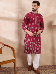 Ethnic Bay Men Maroon Silk Blend Solid Embroidered Straight Kurta With Trouser-MKSET1712