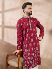 Ethnic Bay Men Maroon Silk Blend Solid Embroidered Straight Kurta With Trouser-MKSET1712