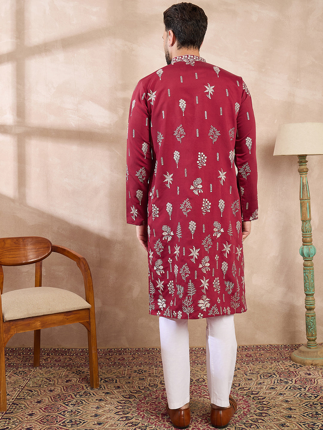 Ethnic Bay Men Maroon Silk Blend Solid Embroidered Straight Kurta With Trouser