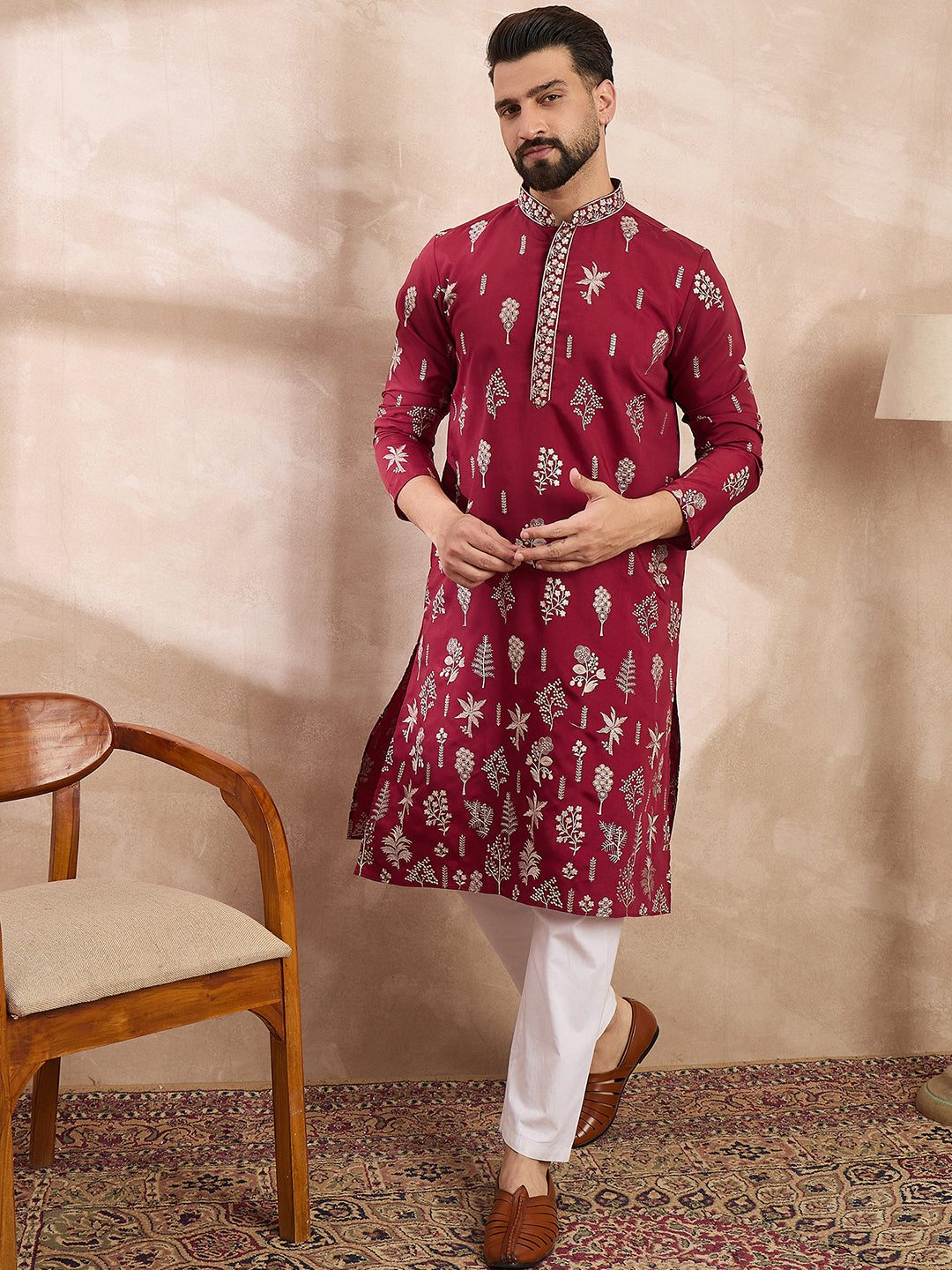 Ethnic Bay Men Maroon Silk Blend Solid Embroidered Straight Kurta With Trouser