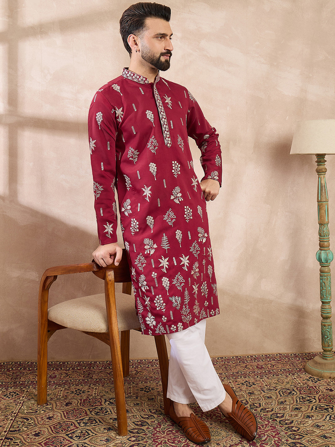 Ethnic Bay Men Maroon Silk Blend Solid Embroidered Straight Kurta With Trouser