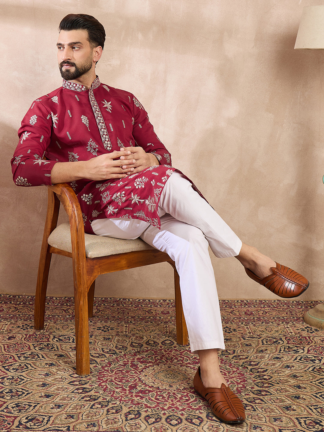 Ethnic Bay Men Maroon Silk Blend Solid Embroidered Straight Kurta With Trouser