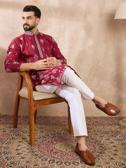 Ethnic Bay Men Maroon Silk Blend Solid Embroidered Straight Kurta With Trouser-MKSET1712