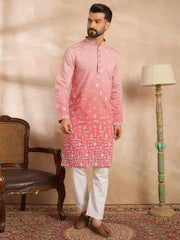 Ethnic Bay Men Pink Silk Blend Ombre Embroidered Straight Kurta Sets-MKSET1714