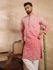 Ethnic Bay Men Pink Silk Blend Ombre Embroidered Straight Kurta Sets-MKSET1714