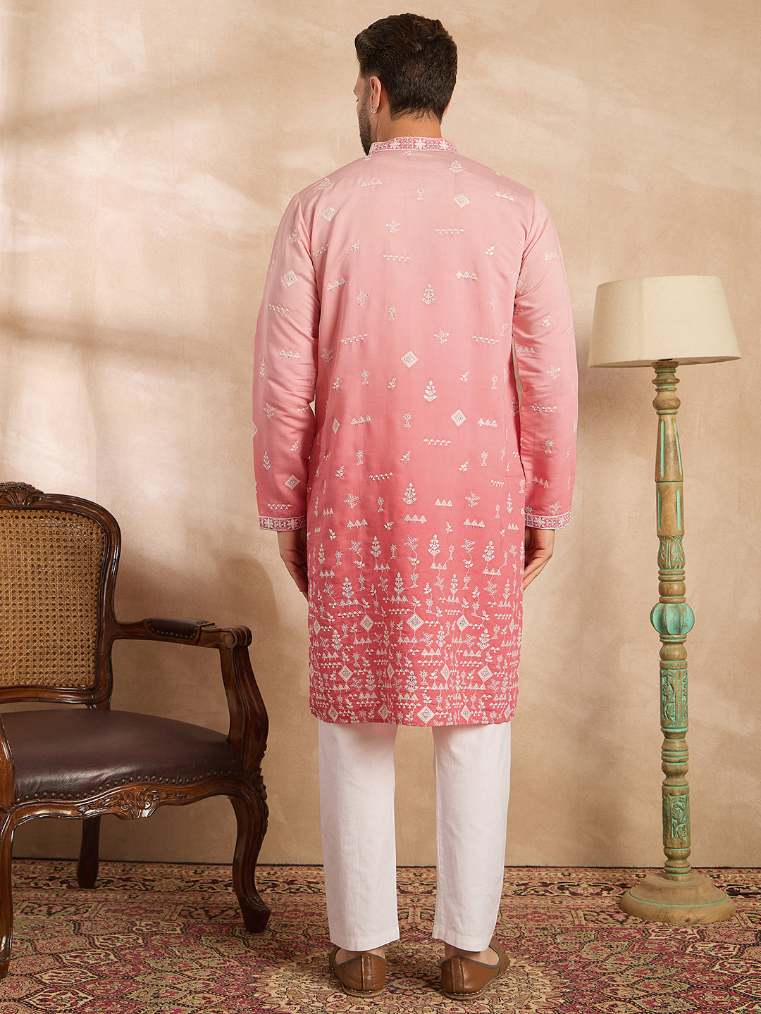 Ethnic Bay Men Pink Silk Blend Ombre Embroidered Straight Kurta Sets