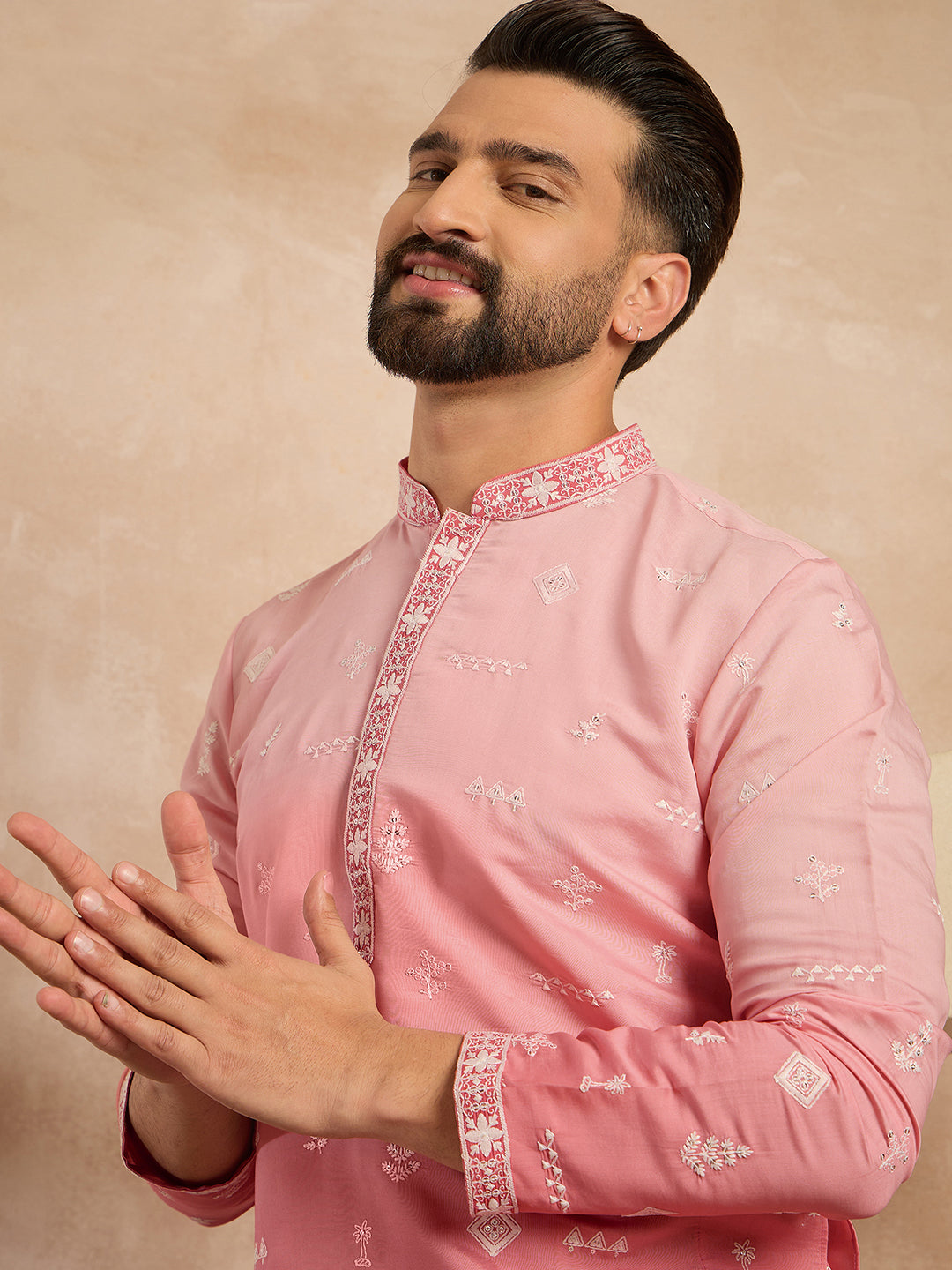 Ethnic Bay Men Pink Silk Blend Ombre Embroidered Straight Kurta Sets