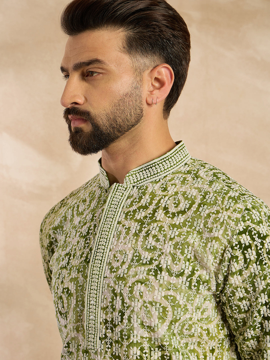 Ethnic Bay Men Green Viscose Rayon Batik Embroidered Straight Kurta Sets