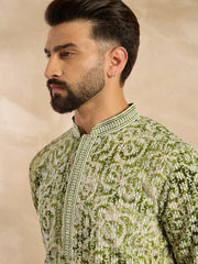 Ethnic Bay Men Green Viscose Rayon Batik Embroidered Straight Kurta Sets-MKSET1717
