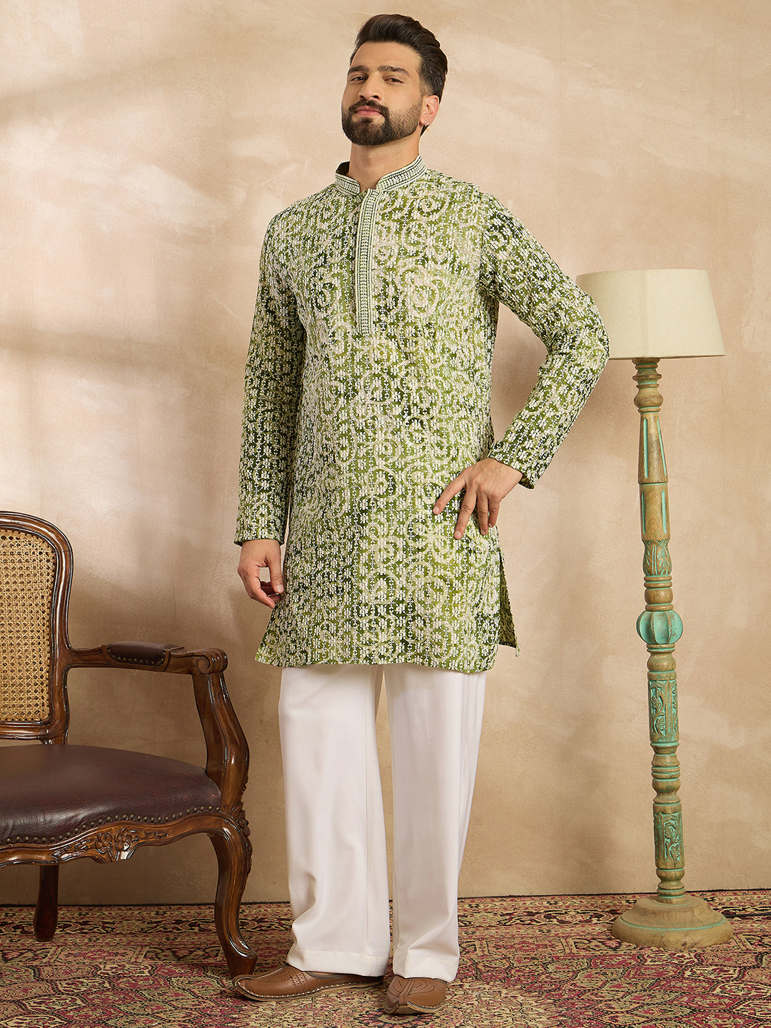 Ethnic Bay Men Green Viscose Rayon Batik Embroidered Straight Kurta Sets