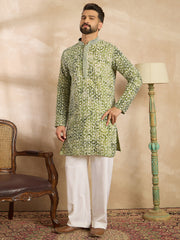 Ethnic Bay Men Green Viscose Rayon Batik Embroidered Straight Kurta Sets-MKSET1717