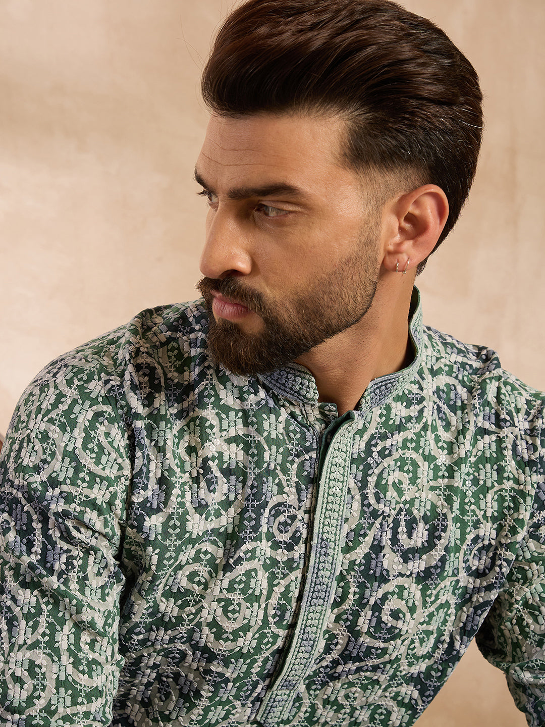 Ethnic Bay Men Green Viscose Rayon Batik Embroidered Straight Kurta Sets