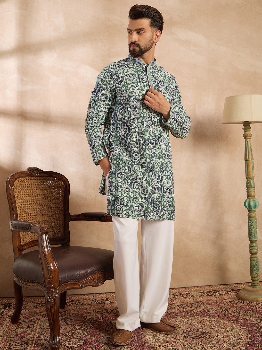 Ethnic Bay Men Green Viscose Rayon Batik Embroidered Straight Kurta Sets