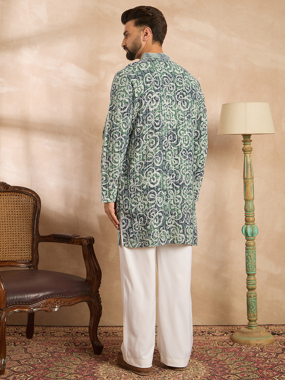 Ethnic Bay Men Green Viscose Rayon Batik Embroidered Straight Kurta Sets