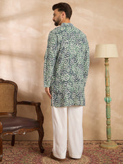 Ethnic Bay Men Green Viscose Rayon Batik Embroidered Straight Kurta Sets-MKSET1718