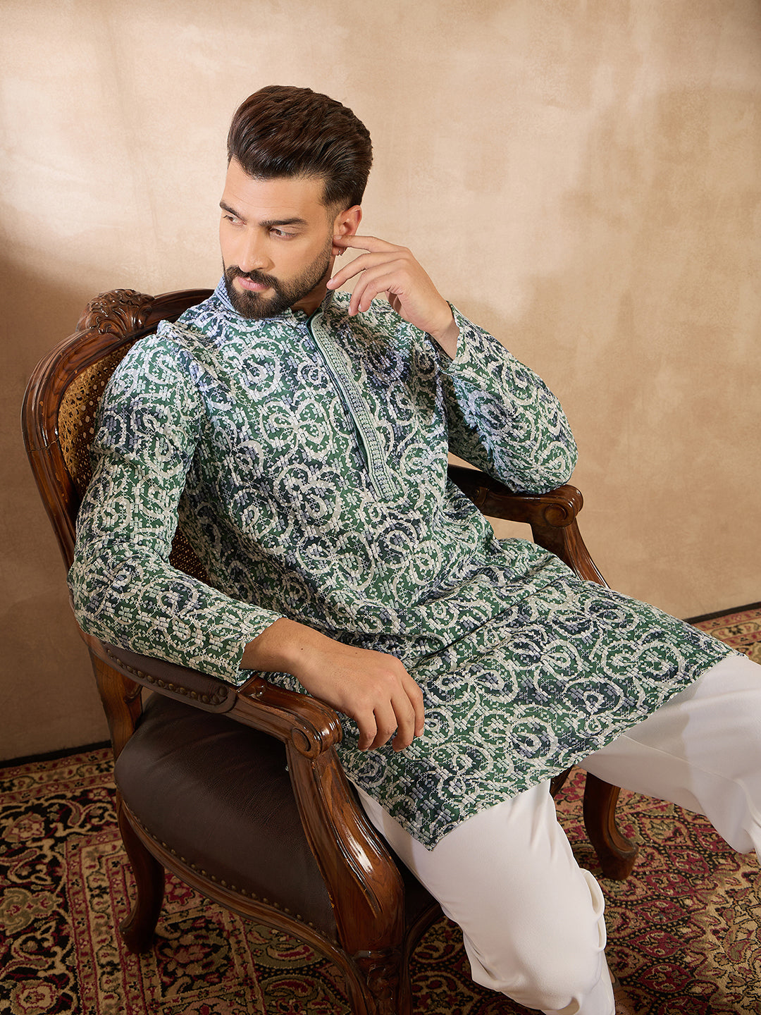 Ethnic Bay Men Green Viscose Rayon Batik Embroidered Straight Kurta Sets