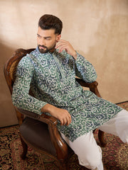 Ethnic Bay Men Green Viscose Rayon Batik Embroidered Straight Kurta Sets-MKSET1718