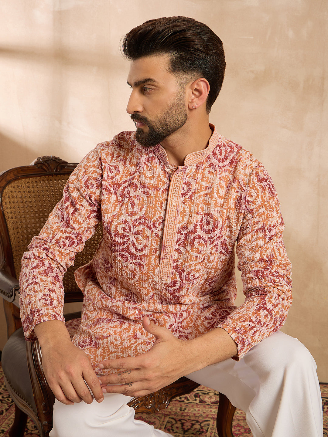 Ethnic Bay Men Orange Viscose Rayon Batik Embroidered Straight Kurta Sets-MKSET1719