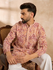 Ethnic Bay Men Orange Viscose Rayon Batik Embroidered Straight Kurta Sets-MKSET1719