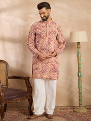 Ethnic Bay Men Orange Viscose Rayon Batik Embroidered Straight Kurta Sets-MKSET1719
