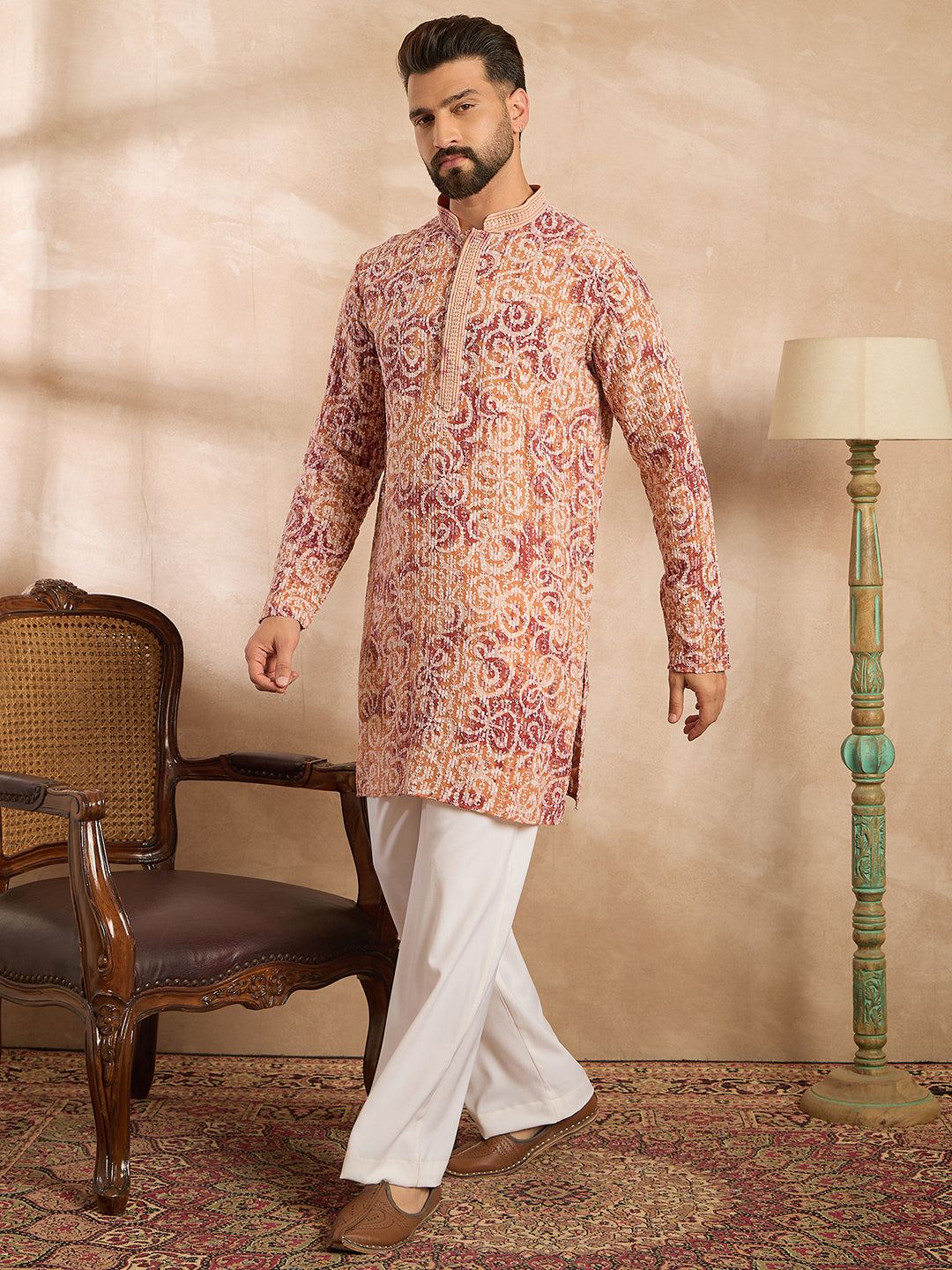 Ethnic Bay Men Orange Viscose Rayon Batik Embroidered Straight Kurta Sets