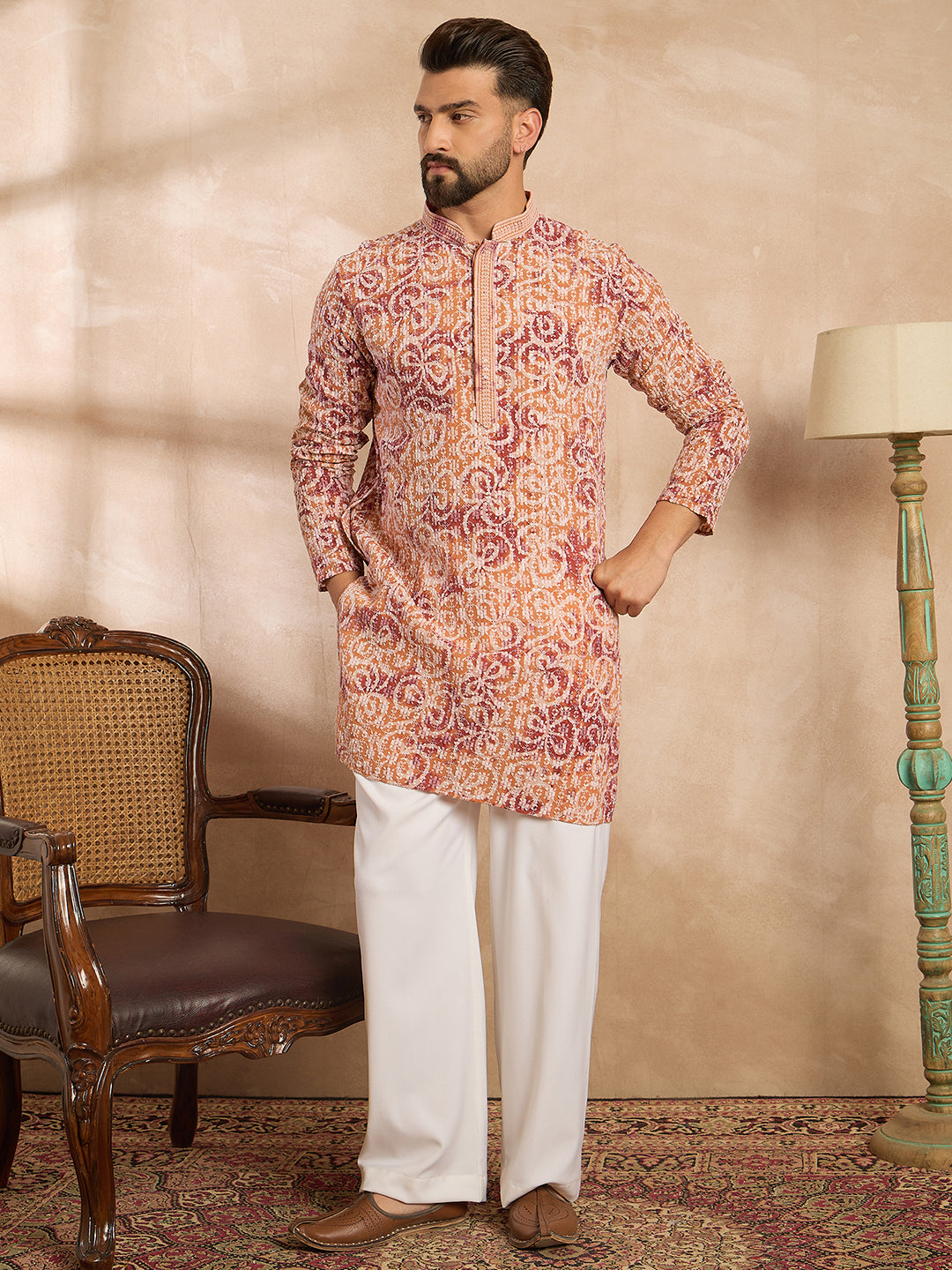 Ethnic Bay Men Orange Viscose Rayon Batik Embroidered Straight Kurta Sets