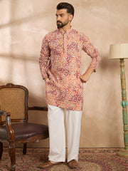 Ethnic Bay Men Orange Viscose Rayon Batik Embroidered Straight Kurta Sets-MKSET1719