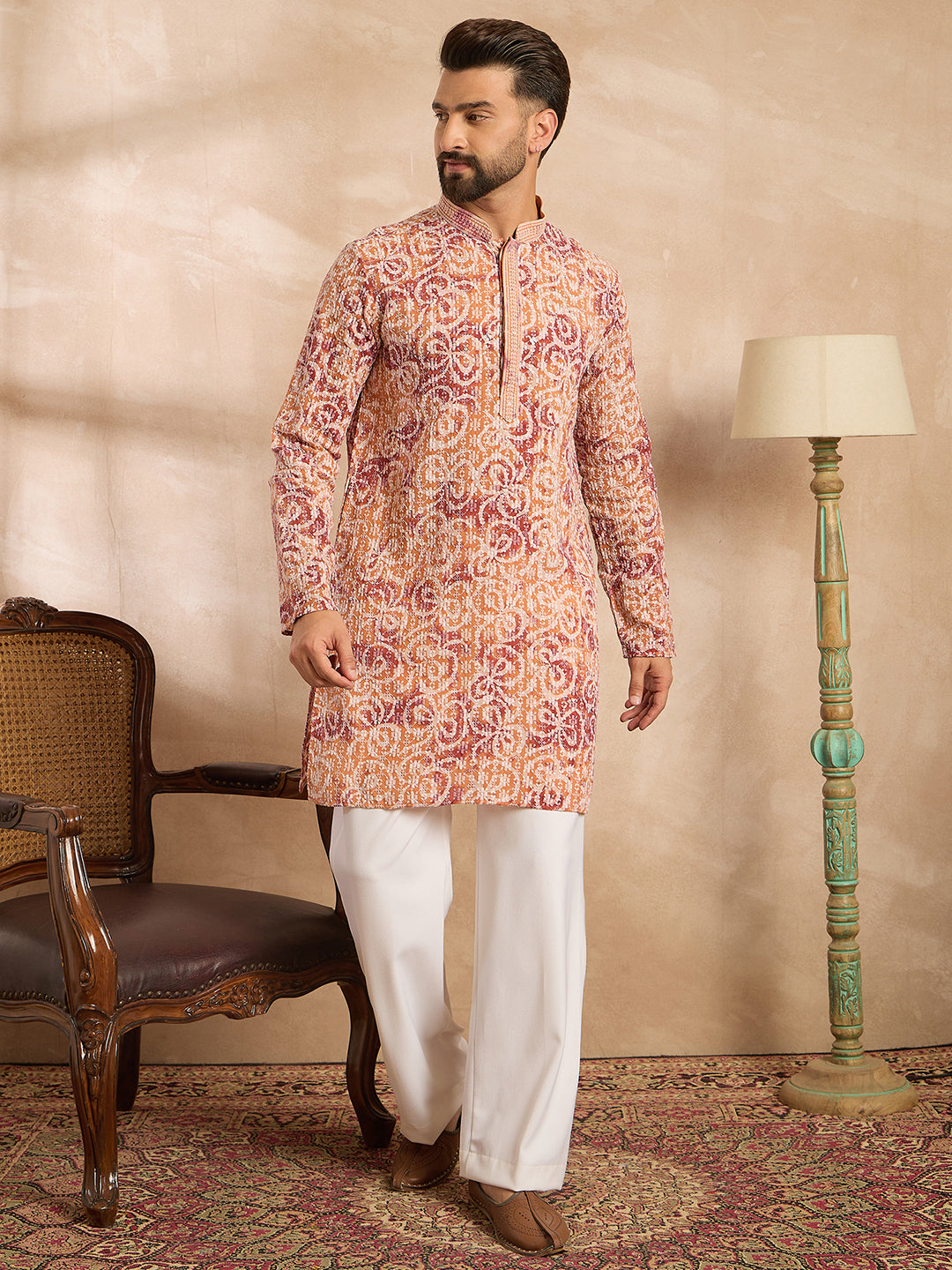 Ethnic Bay Men Orange Viscose Rayon Batik Embroidered Straight Kurta Sets