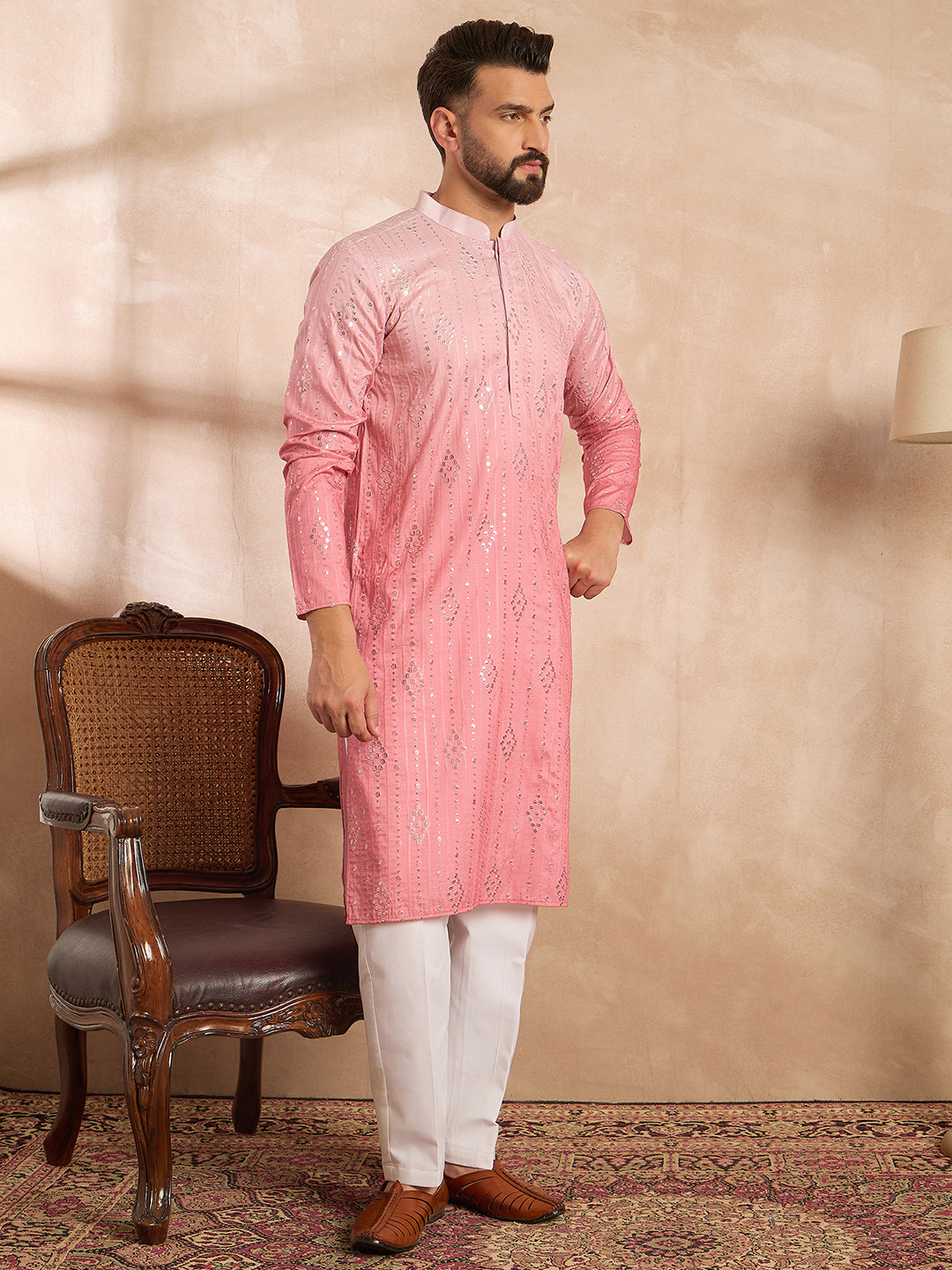 Ethnic Bay Men Pink Silk Blend Ombre Embroidered Straight Kurta Sets