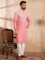 Ethnic Bay Men Pink Silk Blend Ombre Embroidered Straight Kurta Sets-MKSET1720