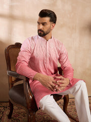 Ethnic Bay Men Pink Silk Blend Ombre Embroidered Straight Kurta Sets-MKSET1720