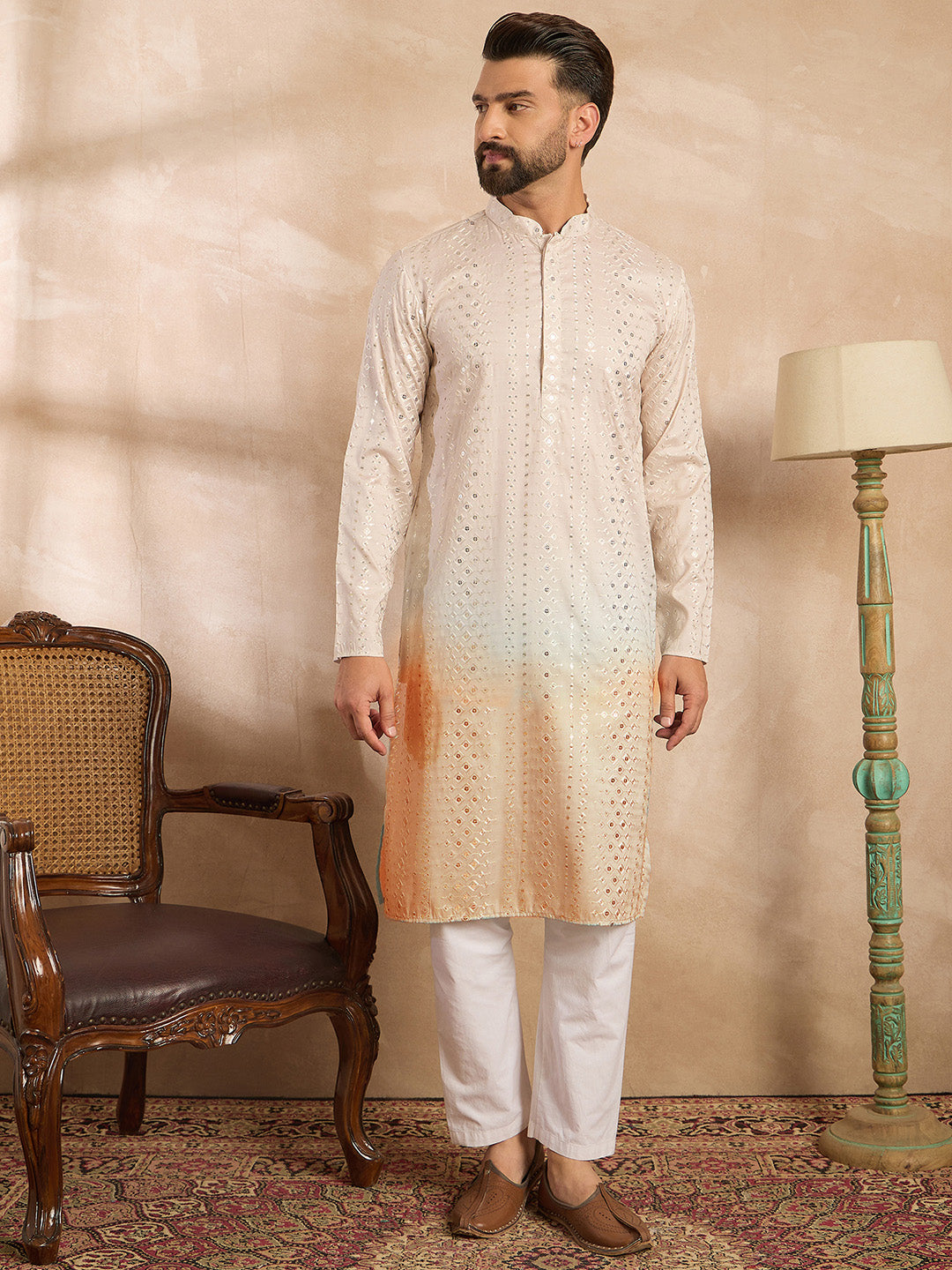 Ethnic Bay Men Peach Silk Blend Ombre Embroidered Straight Kurta Sets