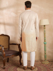 Ethnic Bay Men Peach Silk Blend Ombre Embroidered Straight Kurta Sets-MKSET1724