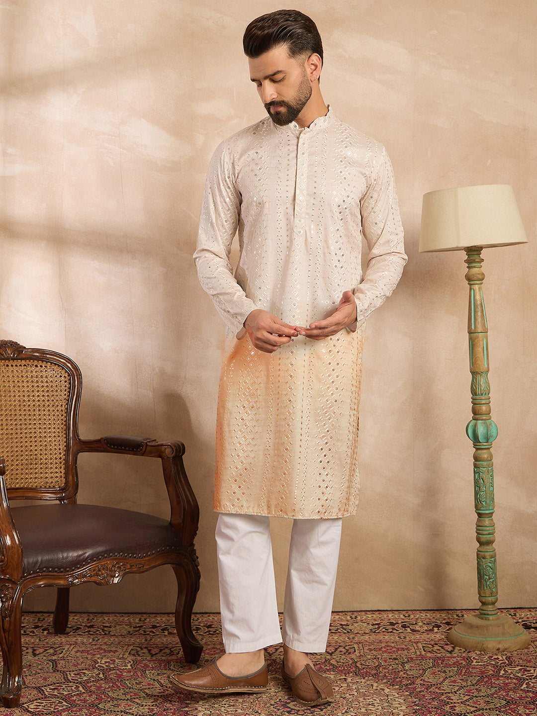 Ethnic Bay Men Peach Silk Blend Ombre Embroidered Straight Kurta Sets