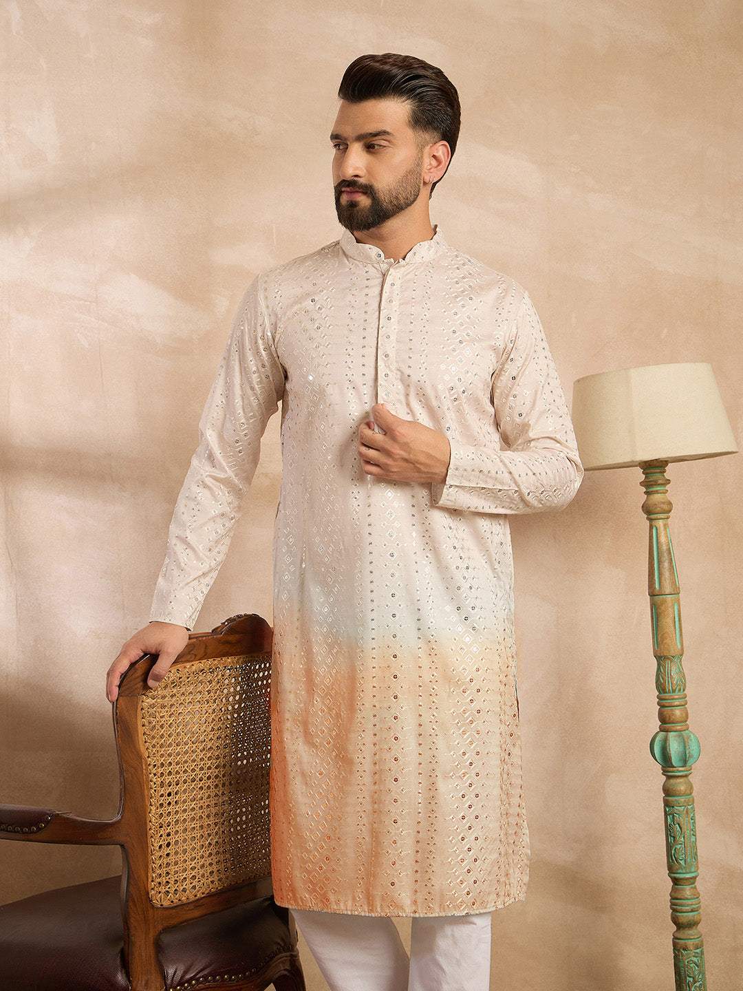 Ethnic Bay Men Peach Silk Blend Ombre Embroidered Straight Kurta Sets